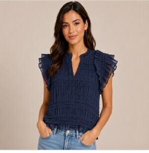 Sarah Hann Pleated Ruffle Blouse Womens Small Navy Flutter Sleeve Textured Top